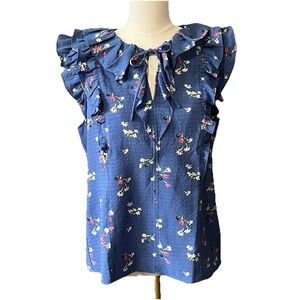 LOFT Womens Blouse Blue Floral Ruffle V Neck Textured Top Size M